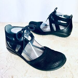 NAOT Kata Shoes Euro 40 Black Crackle Velvet Nubuck Leather Flats Cage Lace Up